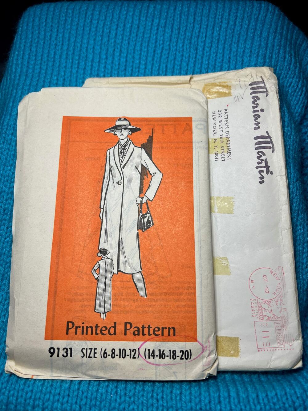 Marian Martin Sewing pattern 9131 long overcoat 1960s Size 14 16 18 20